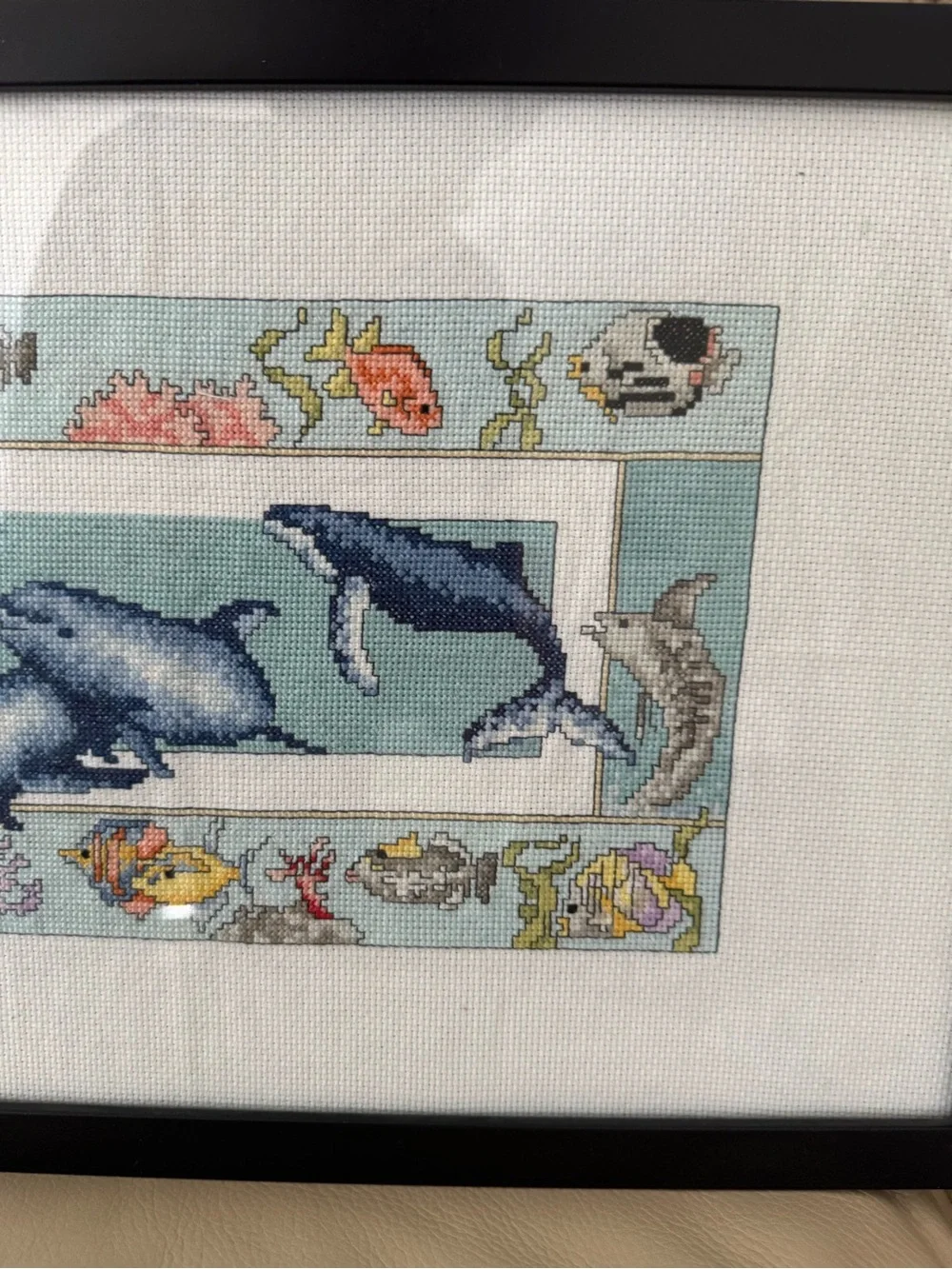 Framed Marine Life Cross Stitch Wall Art in Blue and White